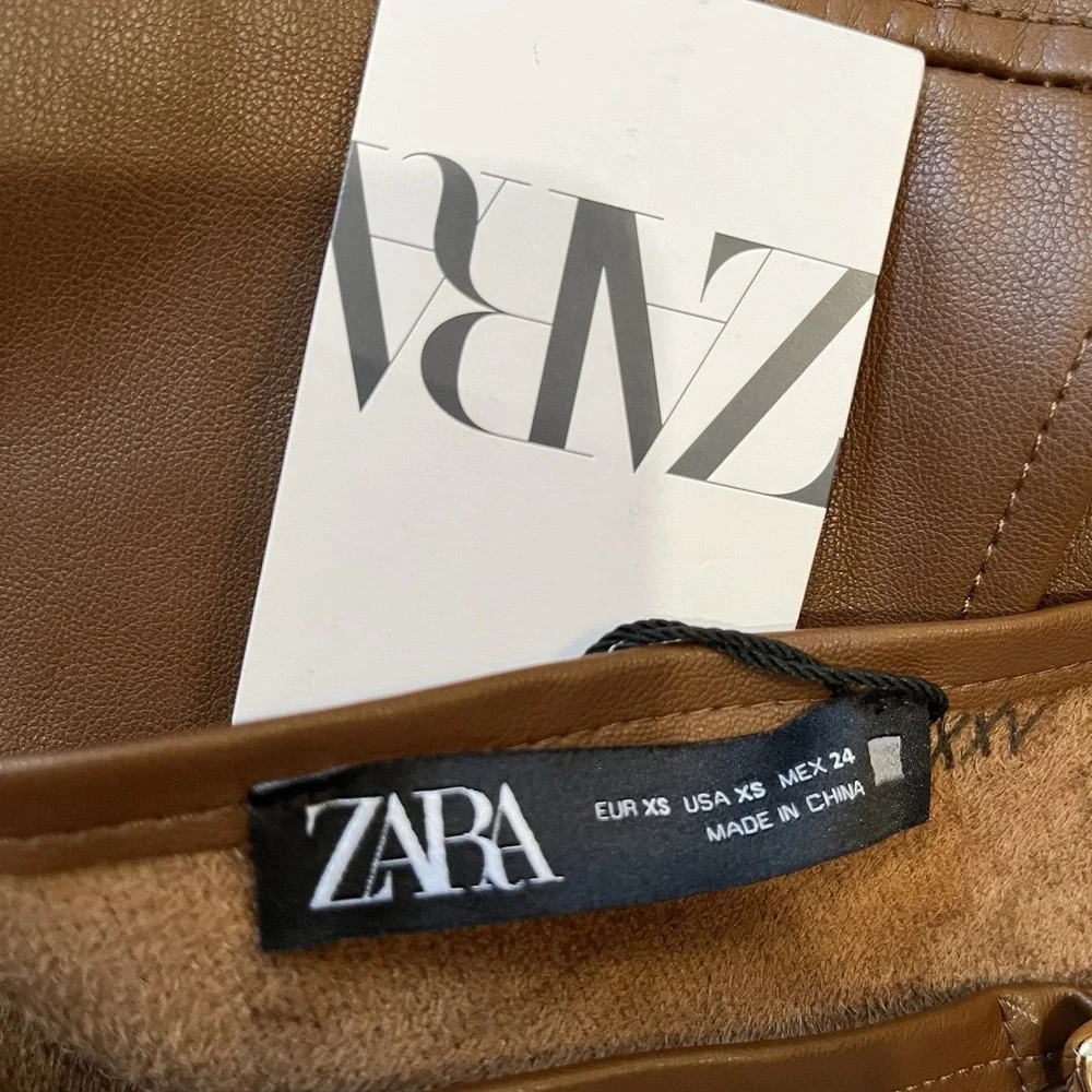 Zara Brown Faux Leather Pleated Strapless Pinafore Dress